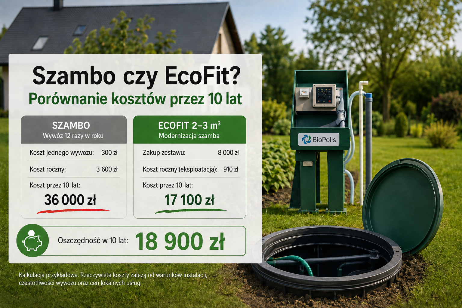 Porównanie kosztów szamba i systemu EcoFit 2–3 m³ przez 10 lat – 36 000 zł za wywóz szamba i 17 100 zł za EcoFit.